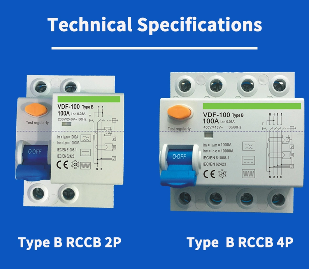 Type B RCD 63A 240V 2p 4p for AC EV Charger RCCB