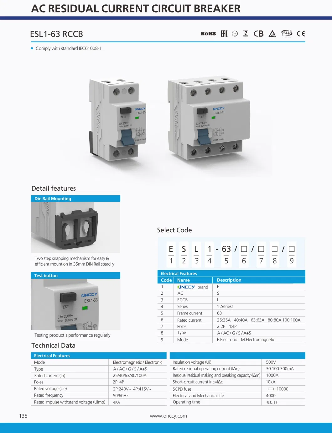 25A 40A 63A 80A 2p/4p AC Residual Current Circuit Breaker RCCB