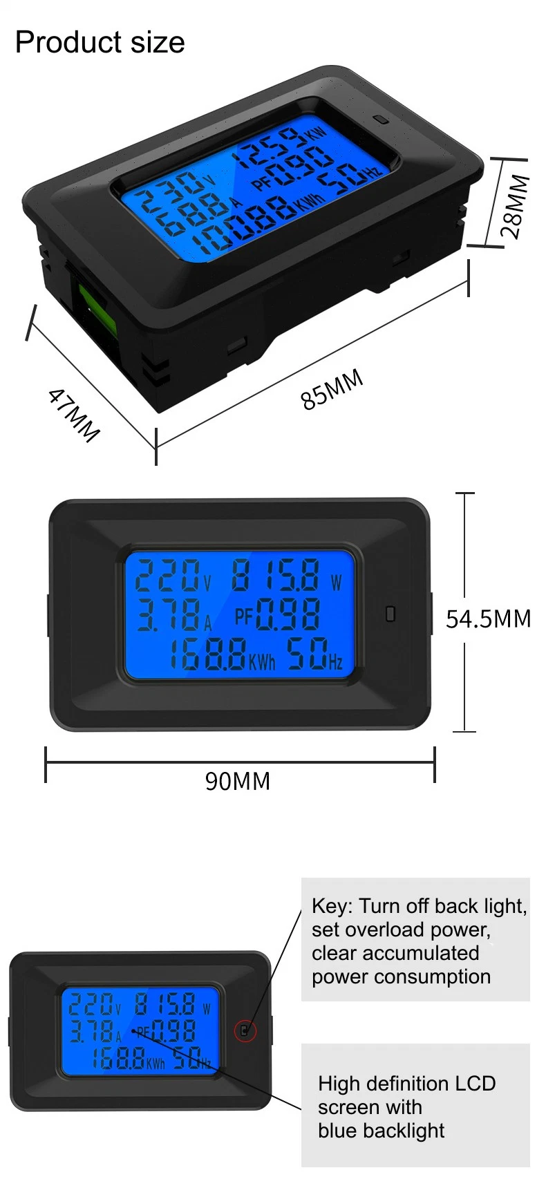 LCD Panel Monitor Power Energy Analog Voltmeter Ammeter Watt Current AMPS Volt Meter Digital AC Voltage Meters