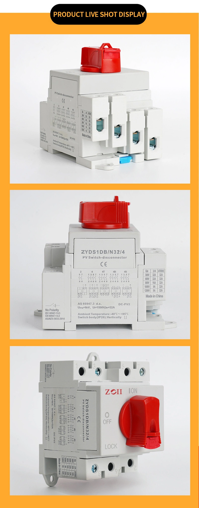 Zoii Electrical Change Over Switch PV Solar Isolator Switches 1000V DC 32A 2p 4p Rotary Switches Zyis-N32/4