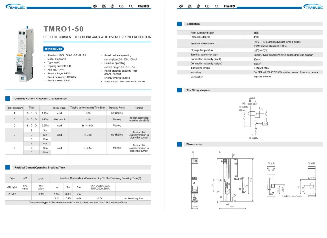 GFCI breaker 1P+N C50 TypeA 30mA 10kA CE RCBO for Home