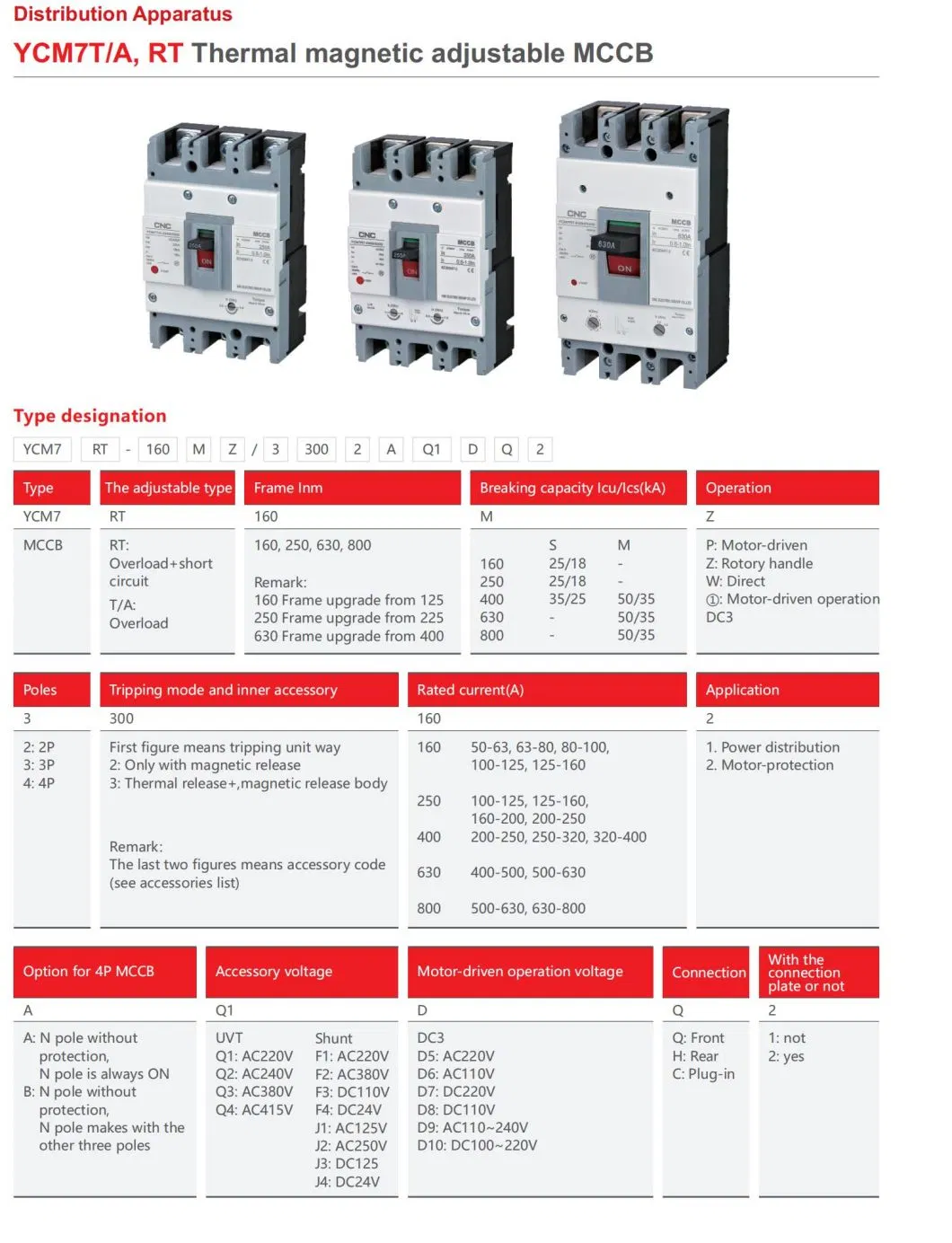 CNC Electric Ycm7ta 16A-800A 3p 4p Electrical Molded Case Circuit Breaker Electronic Adjustable MCCB