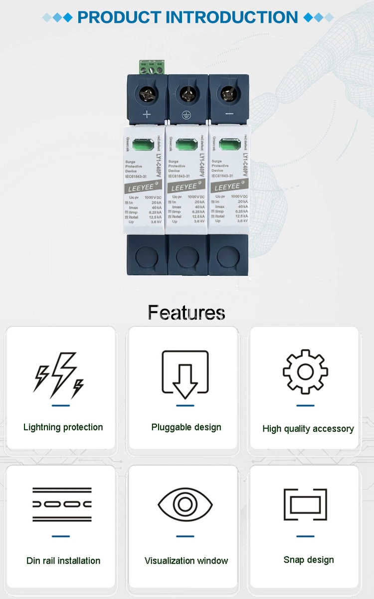 T1+T2 3p 1000V DC Solar Surge Protective Device SPD for PV System Lightning Protection