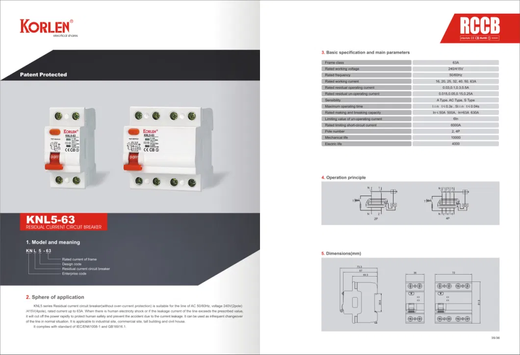 High Quality Residual Current Circuit Breaker ID Type RCCB Knl5-63