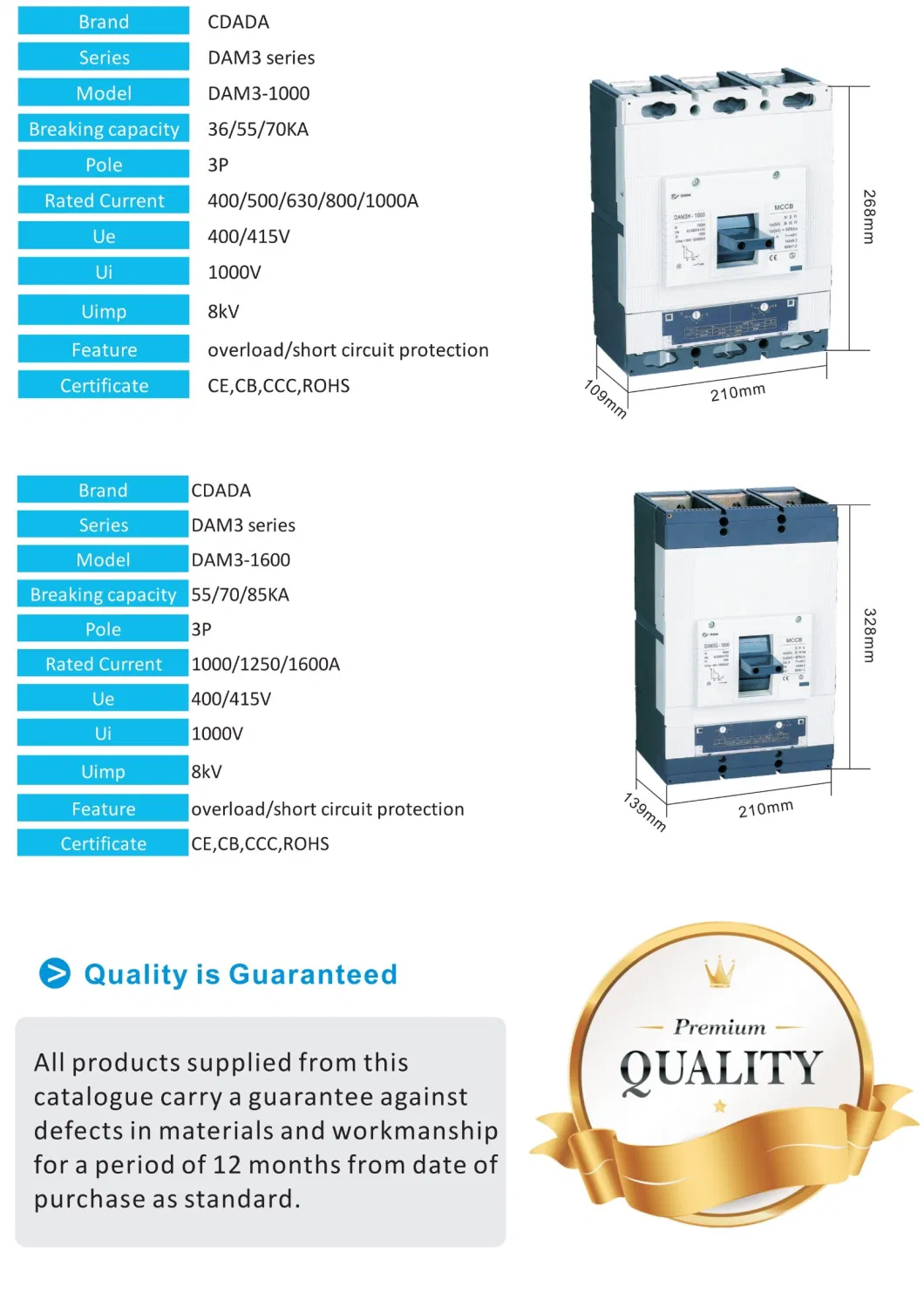 Dam3-1600 3p 1600A Moulded Case Circuit Breaker MCCB with CB CE Certification