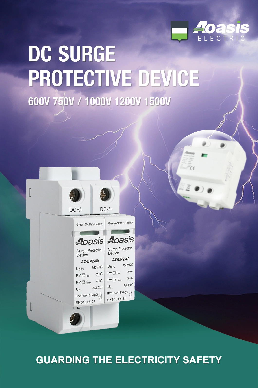 Aoasis Aoup2-40 40ka 1000V/1500V Thermal Protection Surge Protective Device DC SPD Price