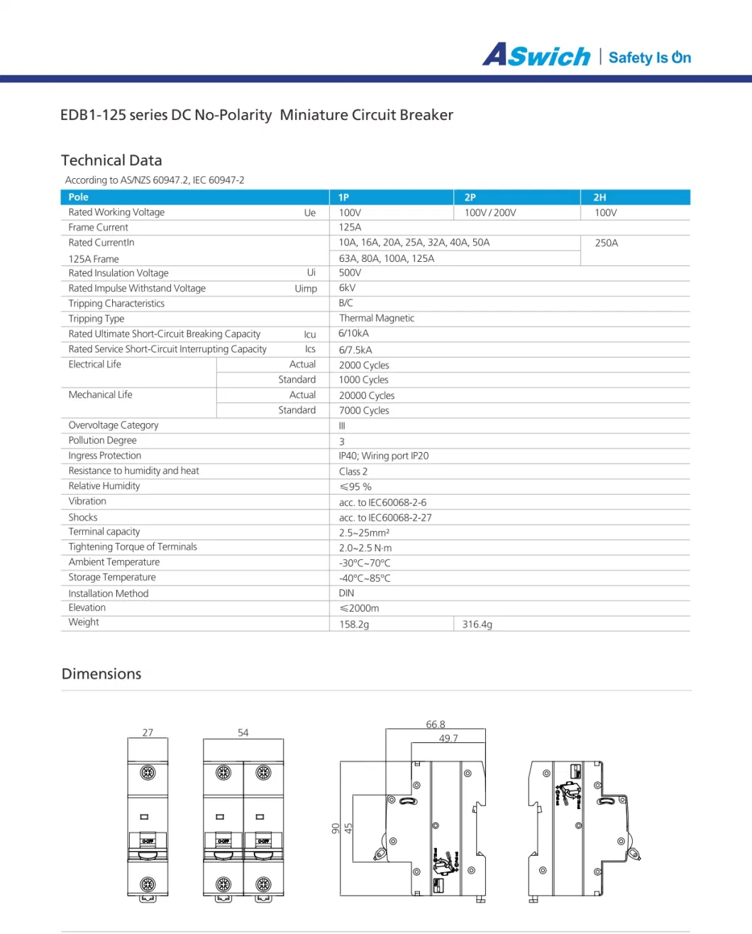 Aswich 100A 125A 80A 1p 2p Battery Isolator Switch MCB Mini Circuit Breaker