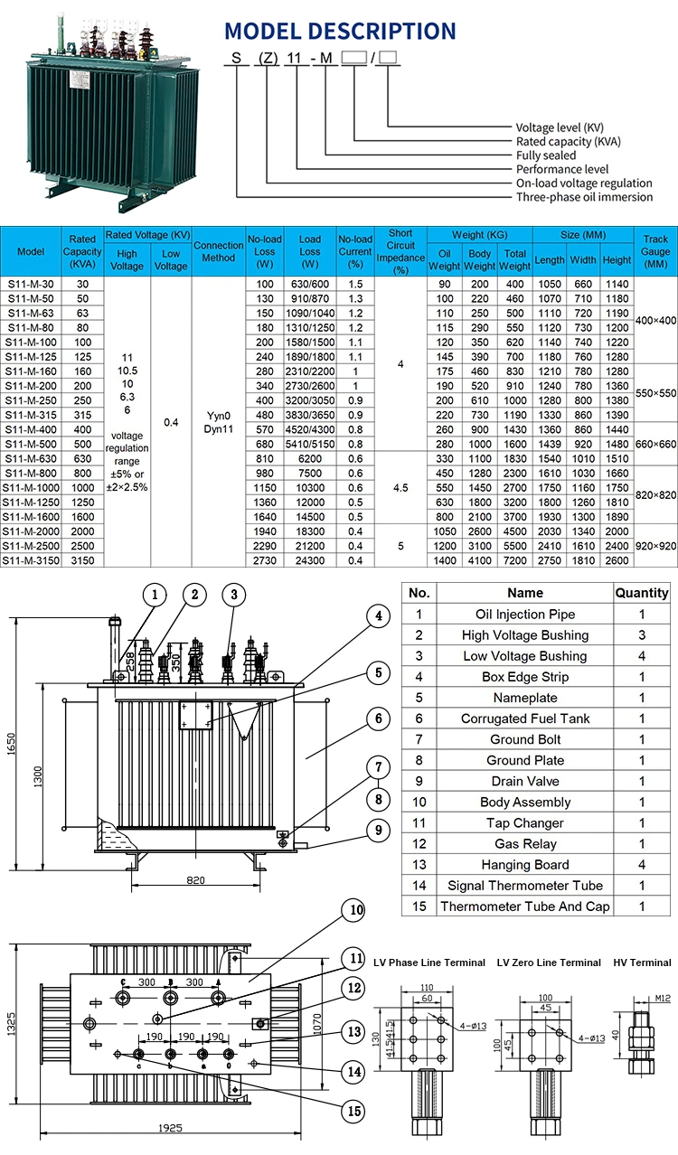 1000 kVA Oil Immersed Type Transformers 35kv 11kv 415V S11/S13 ISO60076 Approved 1000kVA 690V 400V 220V Power Type Electrical Transformer Distribution Transform