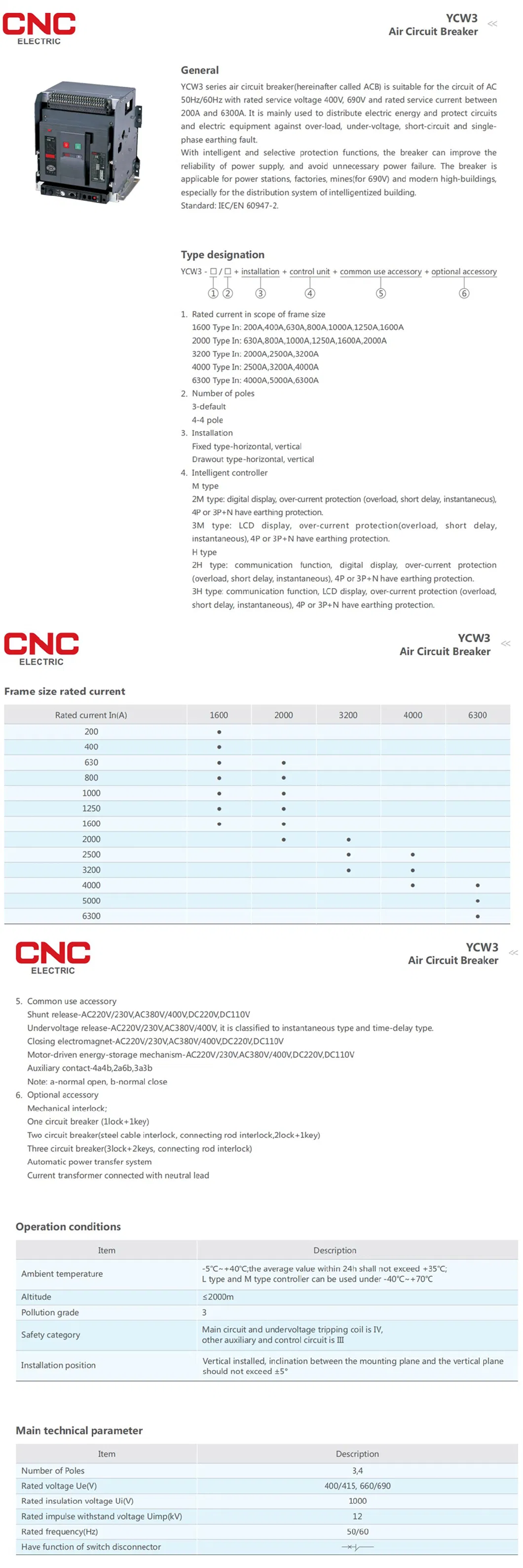 China Factory 3p 400V 800A 3200A Acb Air Circuit Breaker