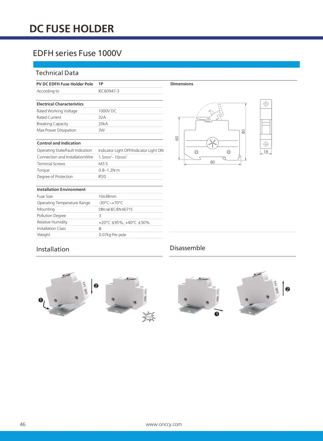 Solar PV DIN Rail DC 1000V/1500V 16/50A Fuse Holder Fuse Switch