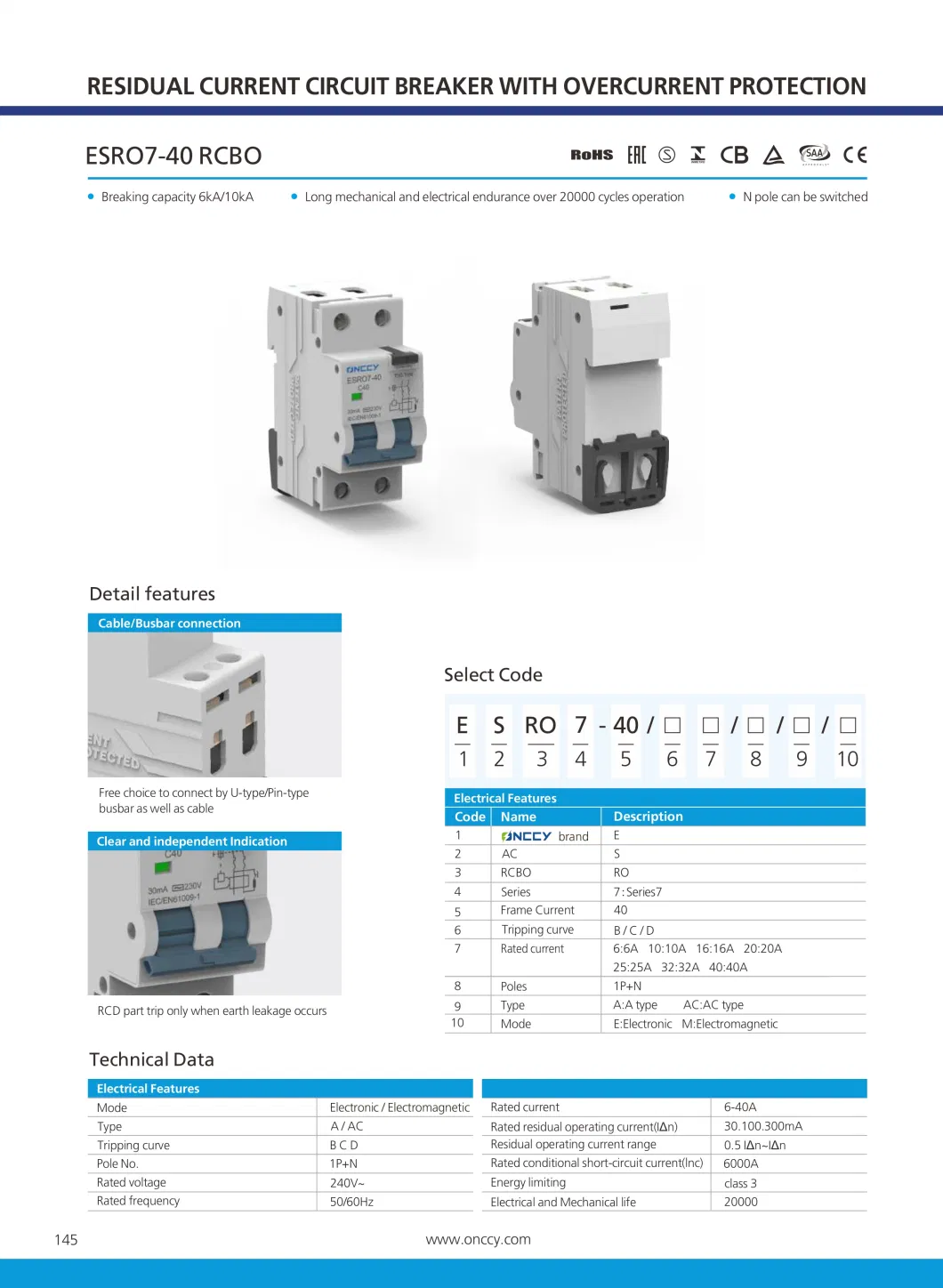 Onccy 230V/400V 63A 30mA AC Residual Current Circuit Breaker Electric Protection RCBO