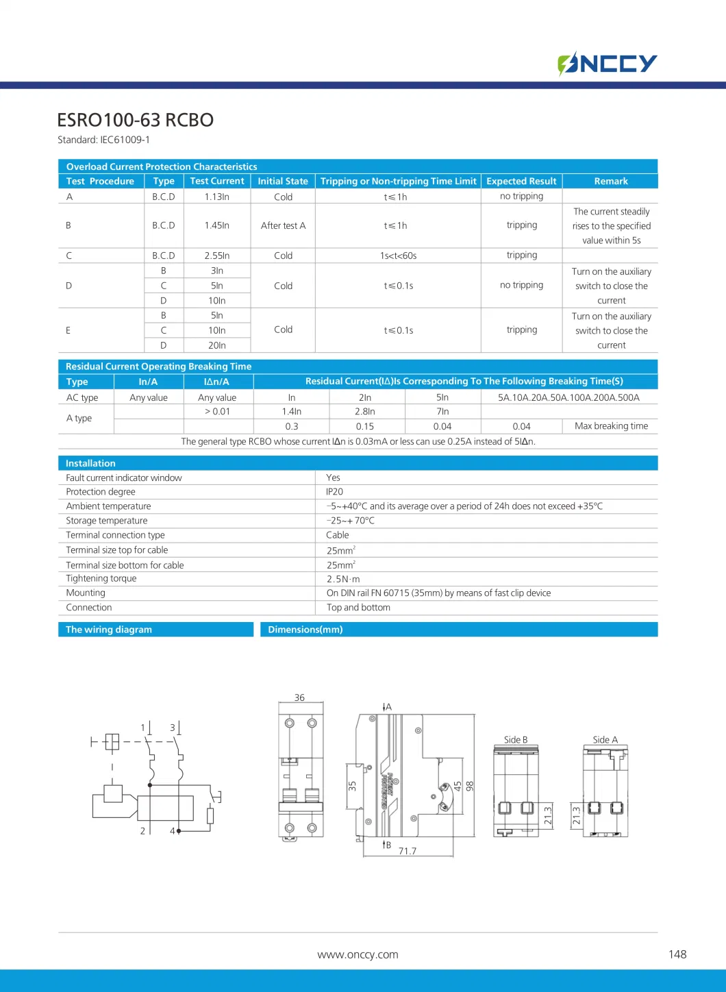 Onccy 230V/400V 63A 30mA AC Residual Current Circuit Breaker Electric Protection RCBO