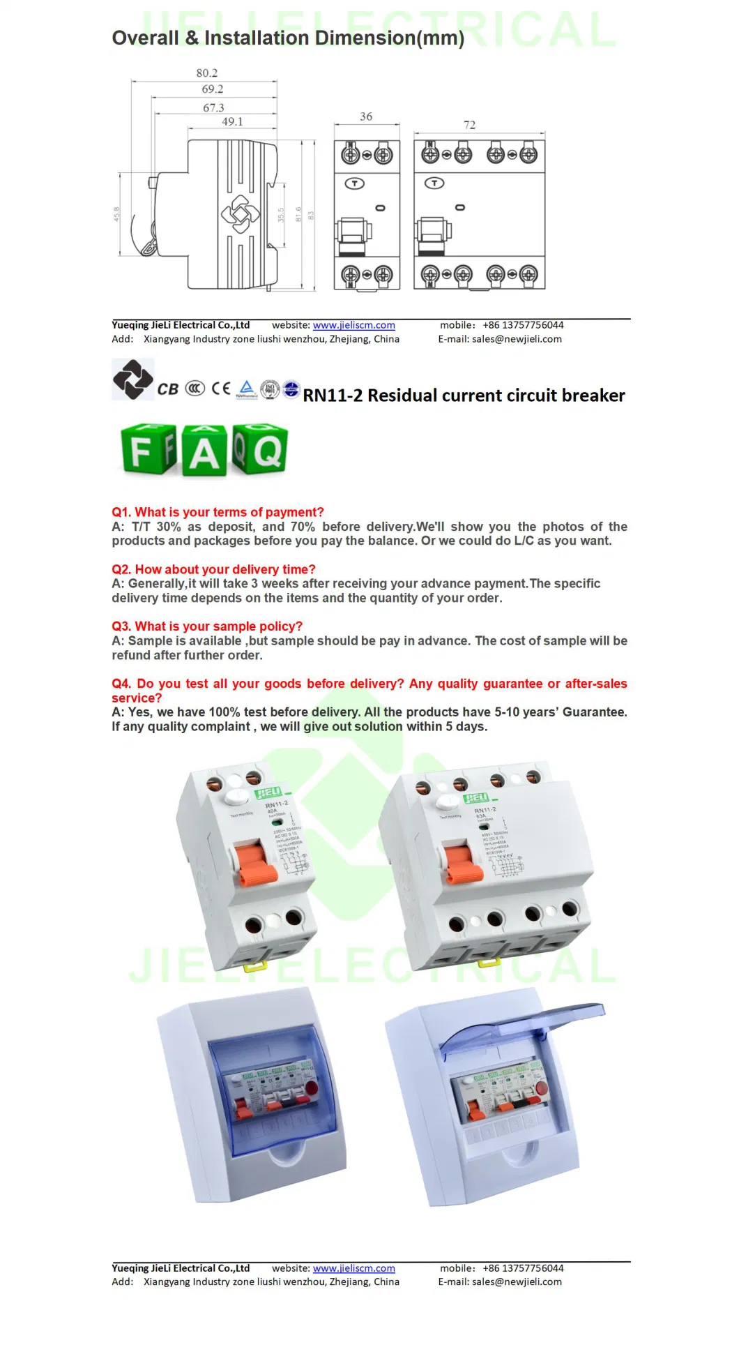 Jieli Scm Electromagnetic Type 2p 40A Residual Current Circuit Breakers