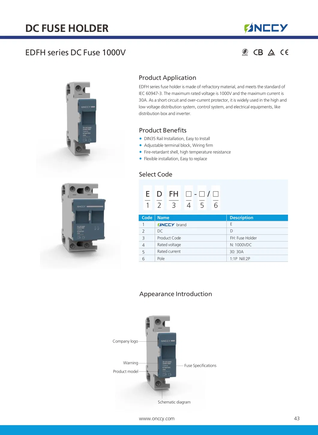 Solar PV DIN Rail DC 1000V/1500V 16/50A Fuse Holder Fuse Switch