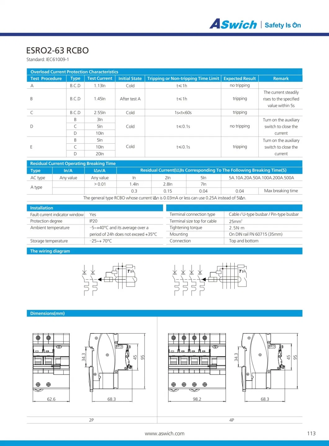 230V/400V 63A 30mA AC Residual Current Circuit Breaker Electric Leakage Protection RCBO