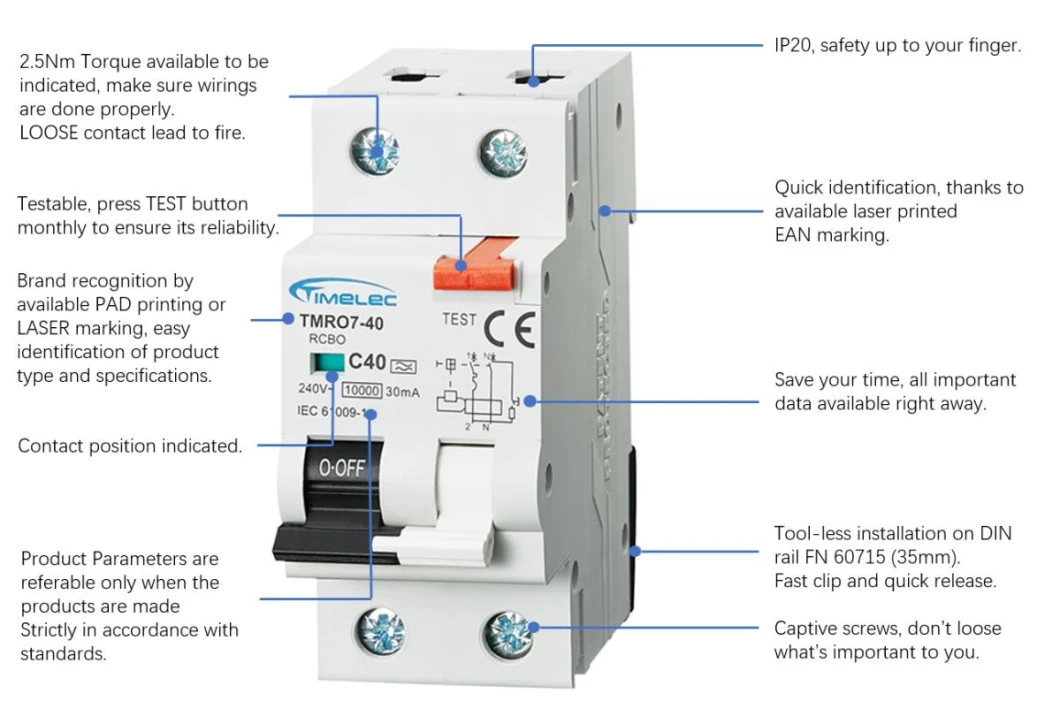 TypeAC 10kA 1P+N C40 TMRO7-40 Electromagnetic rcd&mcb RCBO