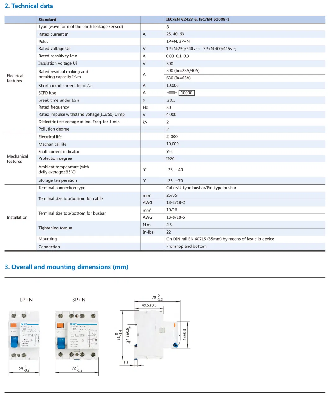 Chint Nl210 Type B RCD RCCB 4p 3p+N 25A 40A 63A Tipo B Interruptor Diferencial PV Solar EV Charging DC Residual Current Device