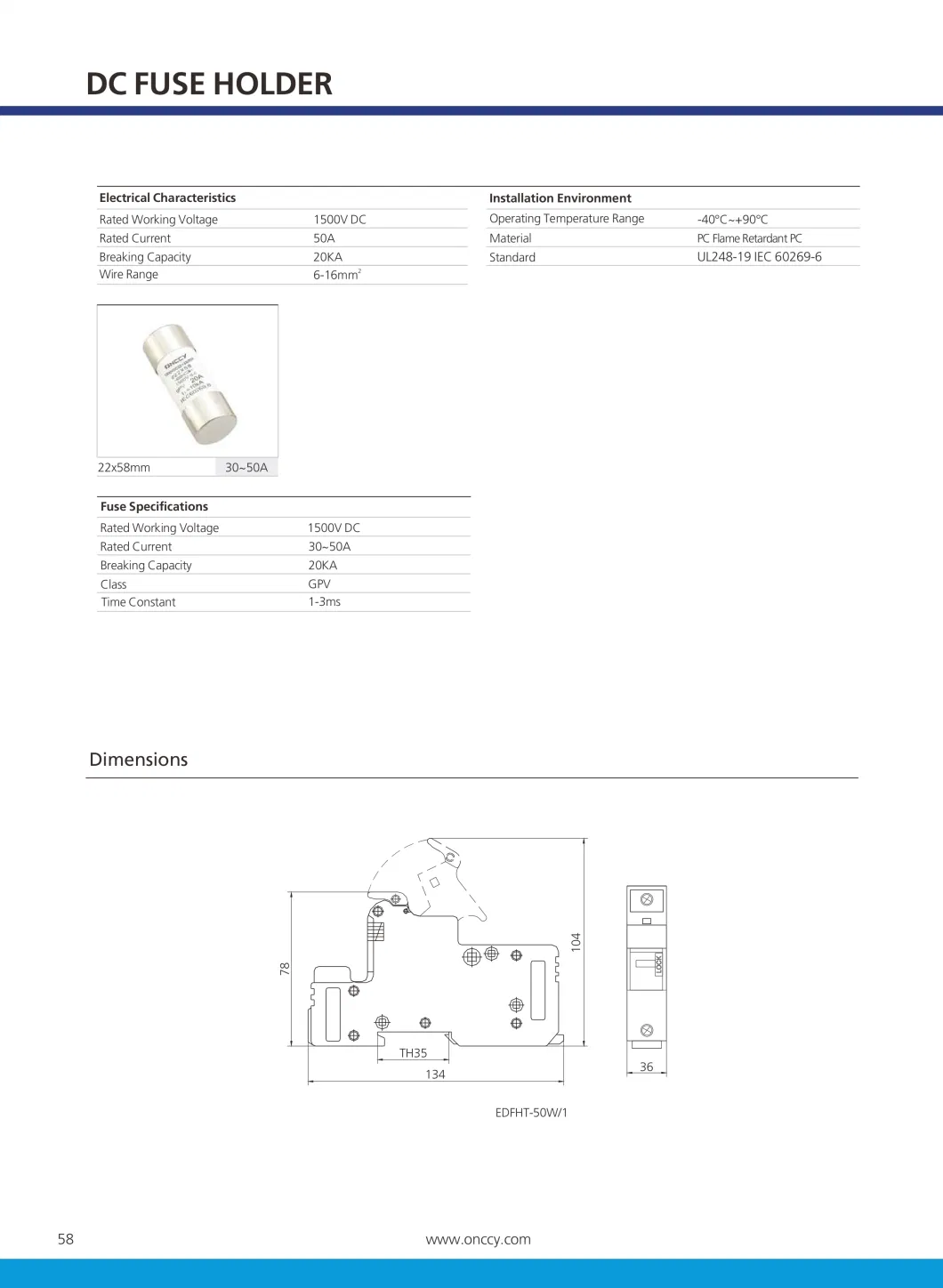 Solar PV DIN Rail DC 1000V/1500V 16/50A Fuse Holder Fuse Switch