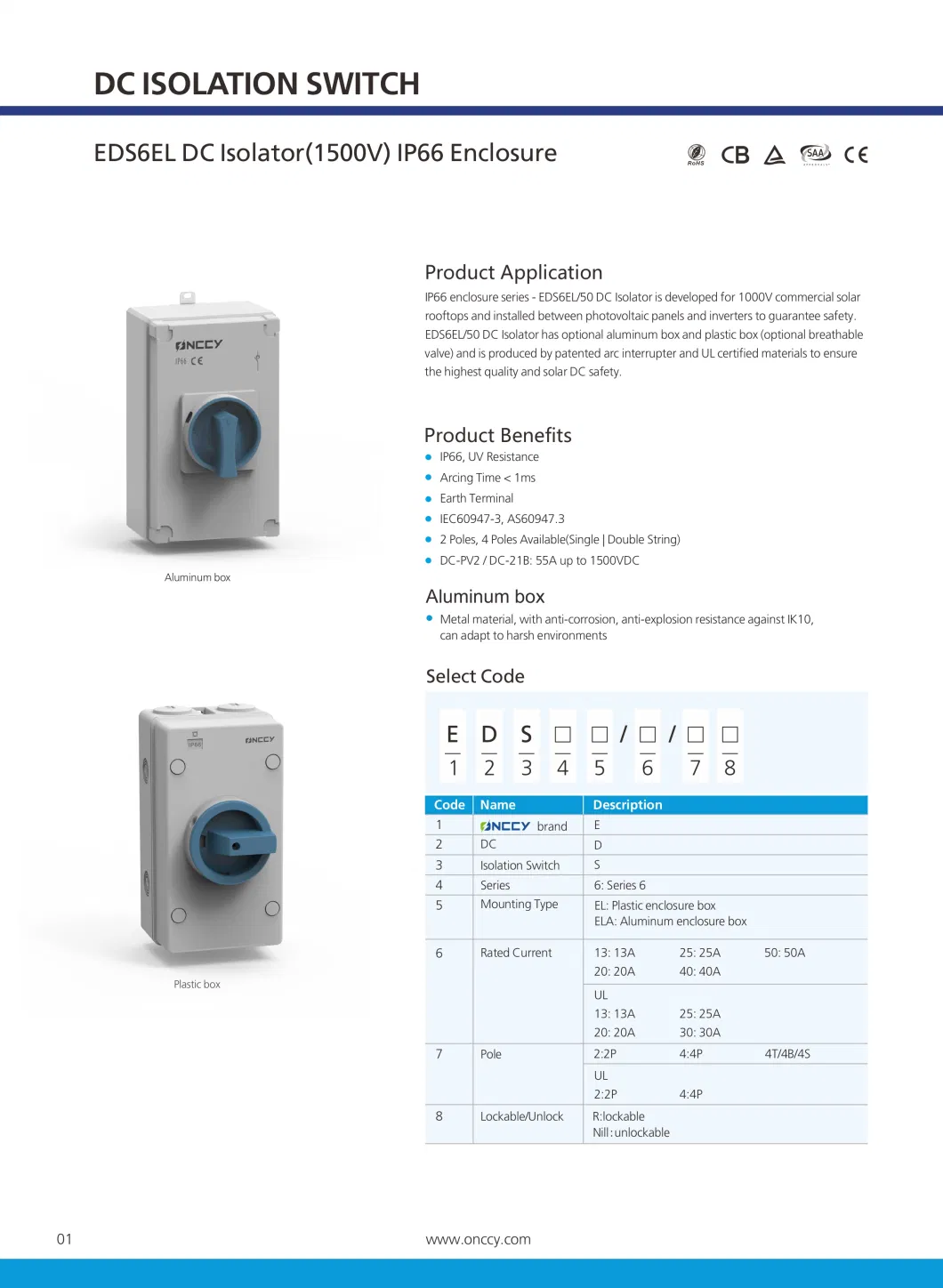 Electrical Solar PV Main Isolating Power System Single or Double String DC Solar Isolation Switch