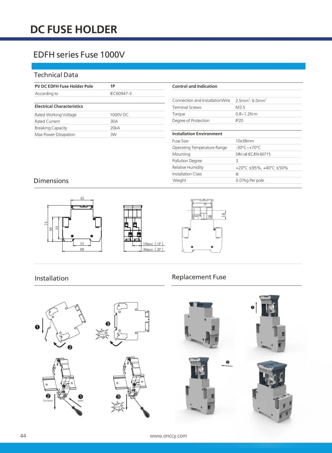 Solar PV DIN Rail DC 1000V/1500V 16/50A Fuse Holder Fuse Switch