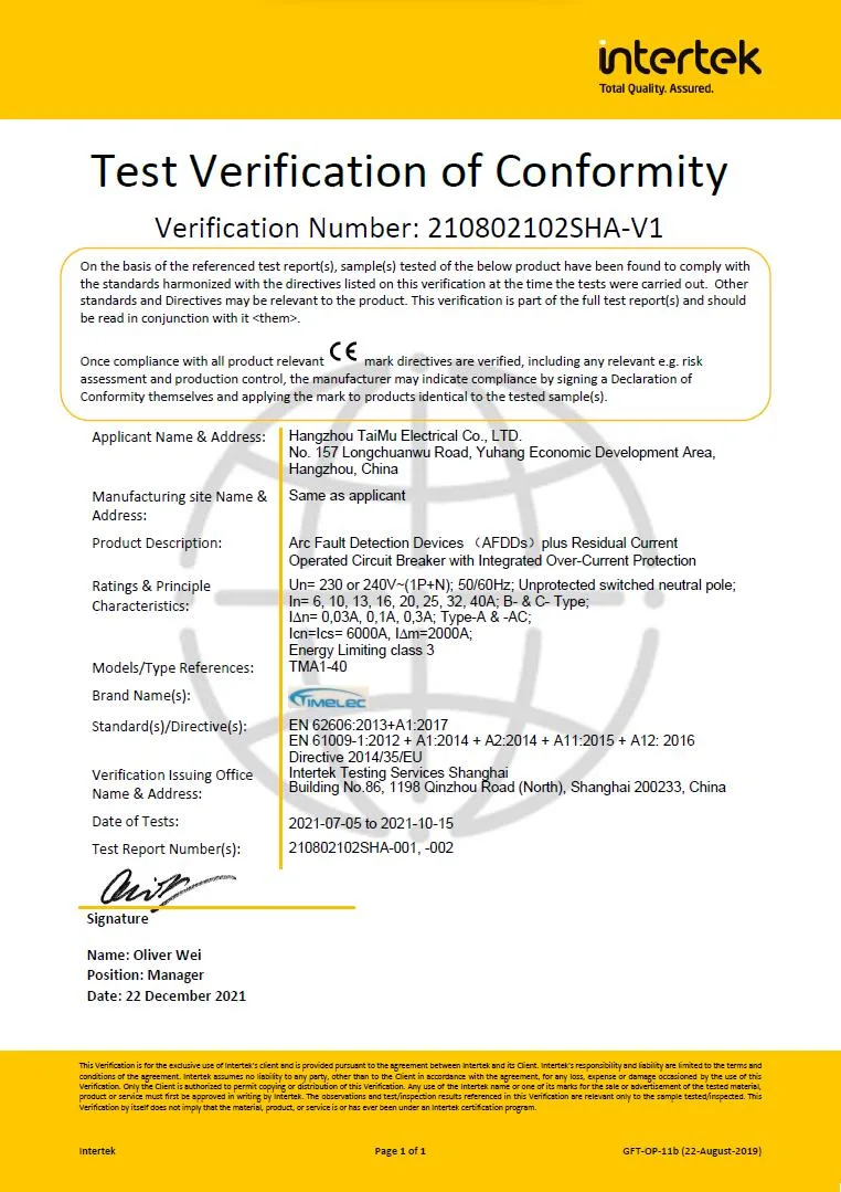 1P+N 6ka Breaking Capacity 25A Afdd Arc Fault Detection Devices AFCI