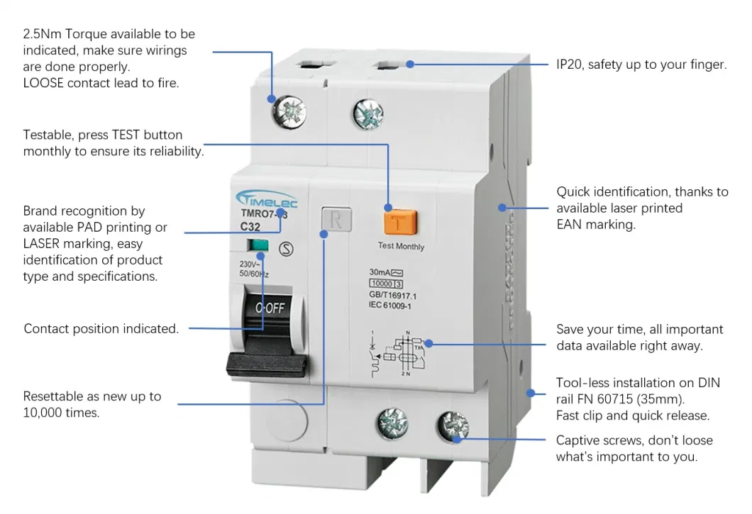 RCBO Electrical 2P C63 10kA TypeAc Overcurrent Protection OEM Wholesale RCBO Breaker