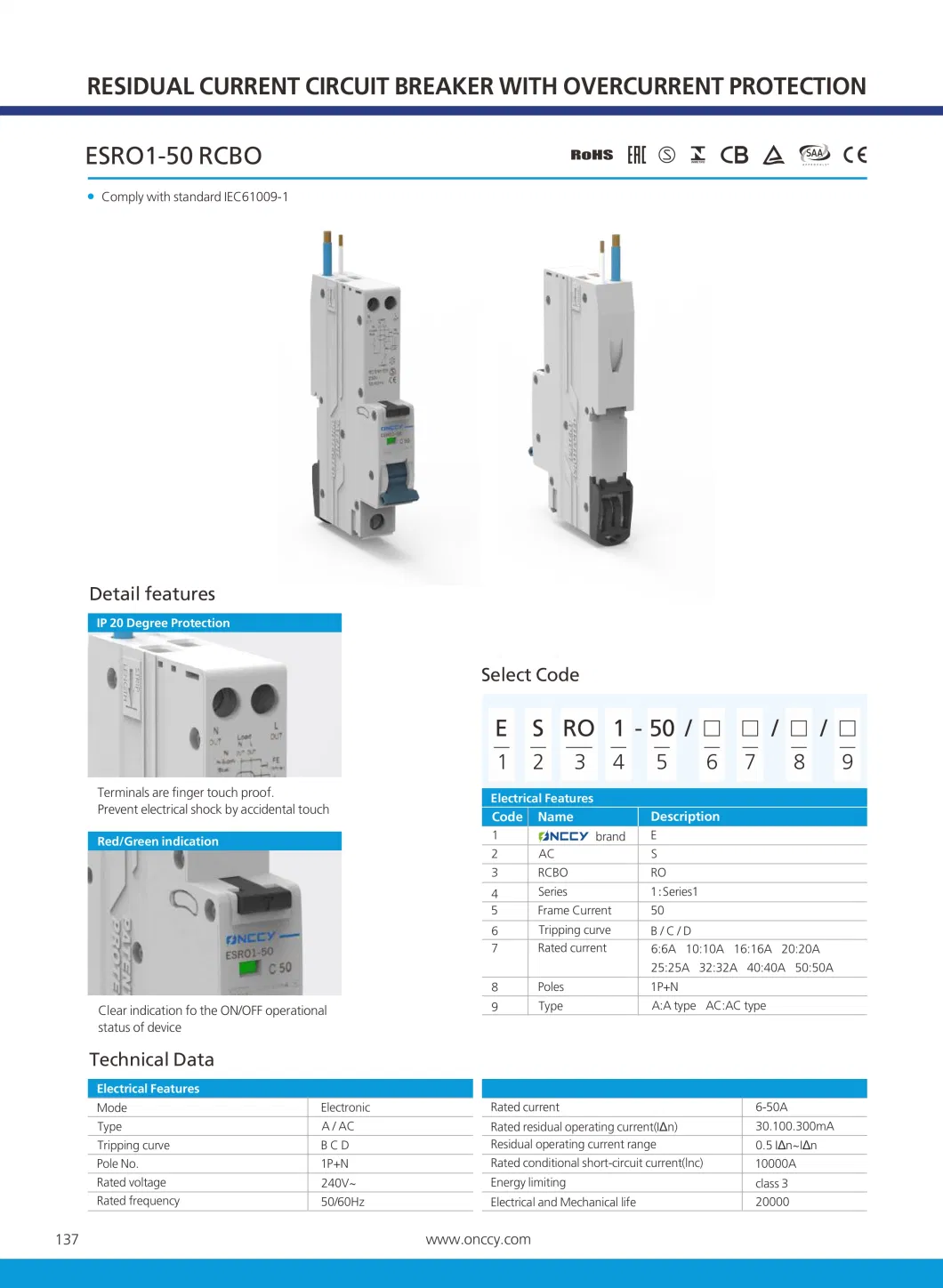 Onccy 230V/400V 63A 30mA AC Residual Current Circuit Breaker Electric Protection RCBO