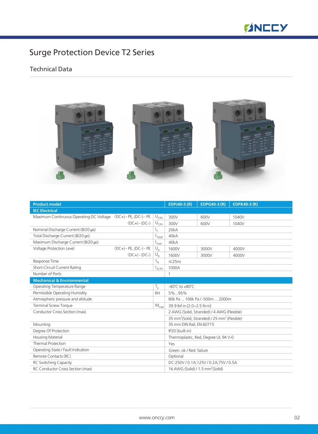 Onccy DC Surge Protection Device SPD T2 3p 1000V 40ka for Photovoltaic