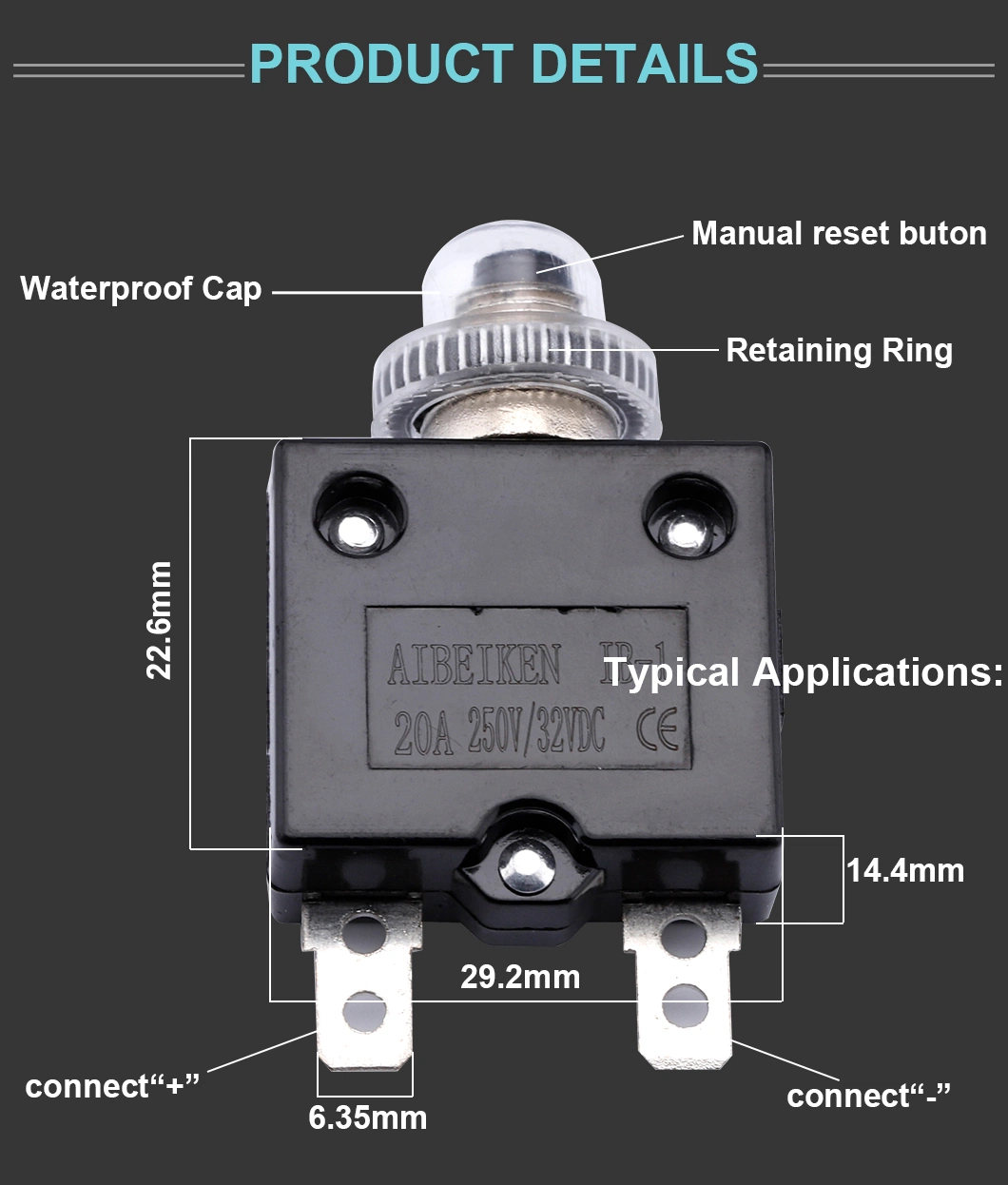 Over Current Protection DC Motor Thermal Circuit Breaker Switch 5A 10A 20A 25A Miniature Resettable Overload Protector Switch