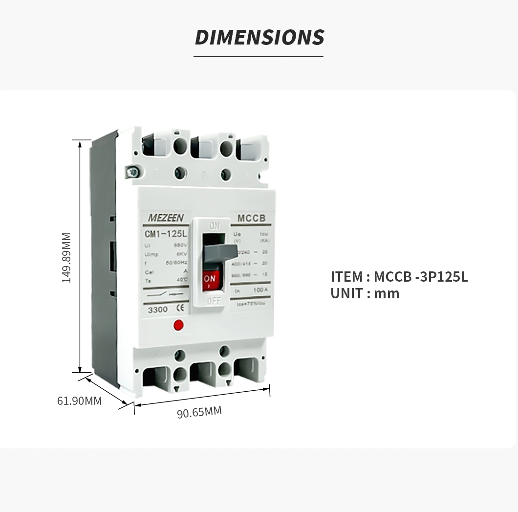 Mezeen Cm1-125L MCCB Molded Case Circuit Breaker 1p 2p 3p 4p 125A Electric Circuit Breaker