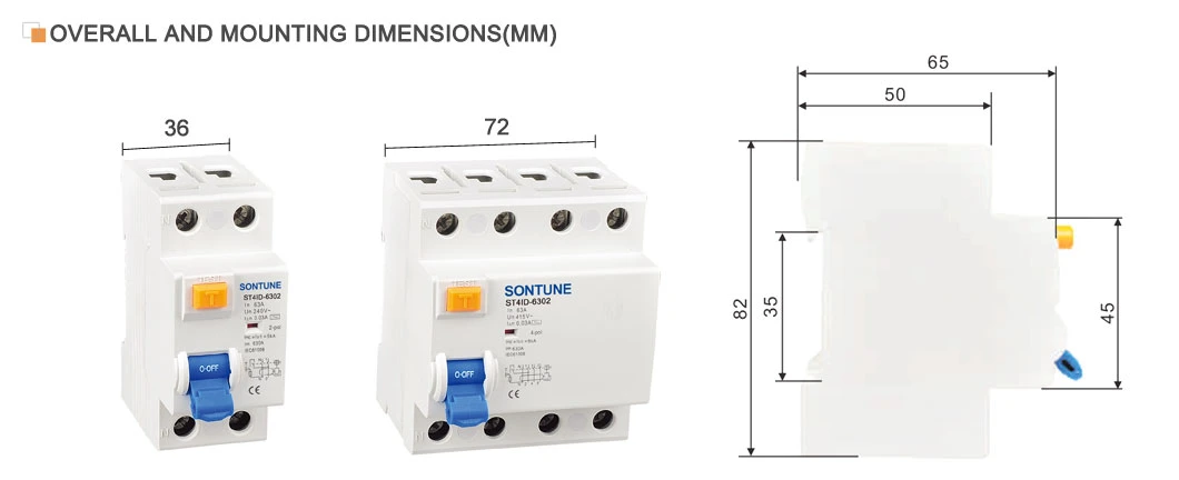 Sontuoec 16A, 25A, 40A, 63A, 100A, 125A Residual Current Circuit Breaker RCCB