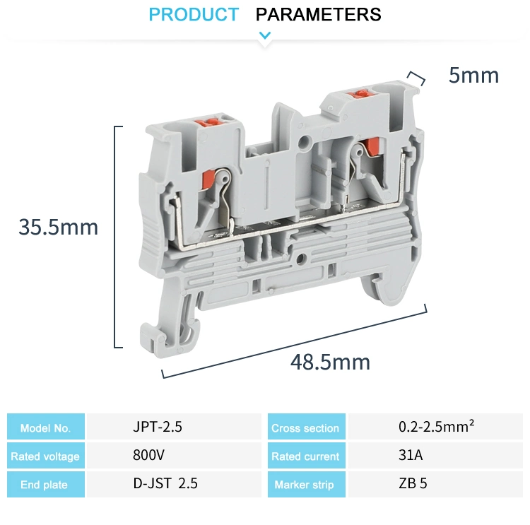 PT2.5 DIN Rail Mounted Push in Connection Screwless Terminal Block