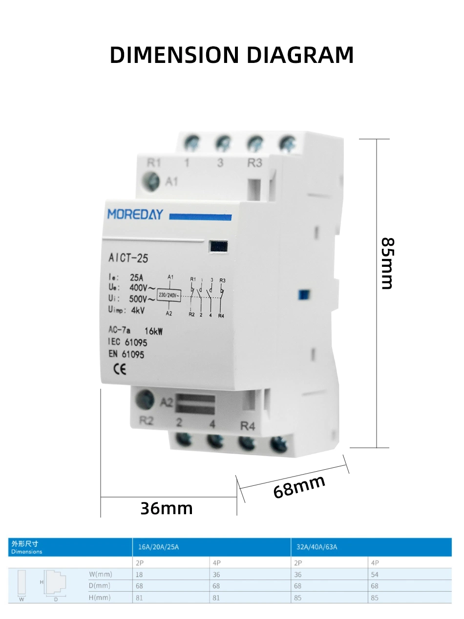 2p 4p 63A Home Hotel AC Contactor DIN Rail Mini Modular Contactor