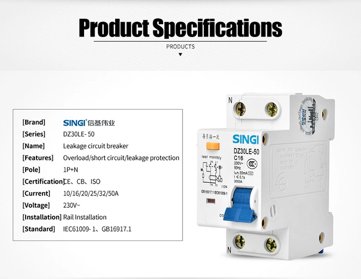 Dz30le-50 Residual Current Circuit Breaker with Over Current Protection (RCBOs) 230V 30mA 1p+N 32A 50A 3ka MCB RCBO