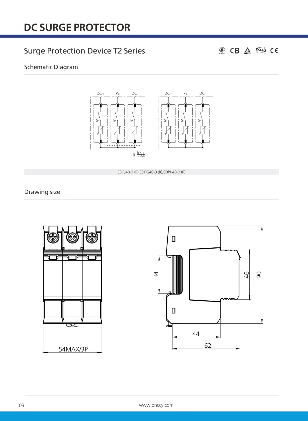 Onccy DC Surge Protection Device SPD T2 3p 1000V 40ka for Photovoltaic