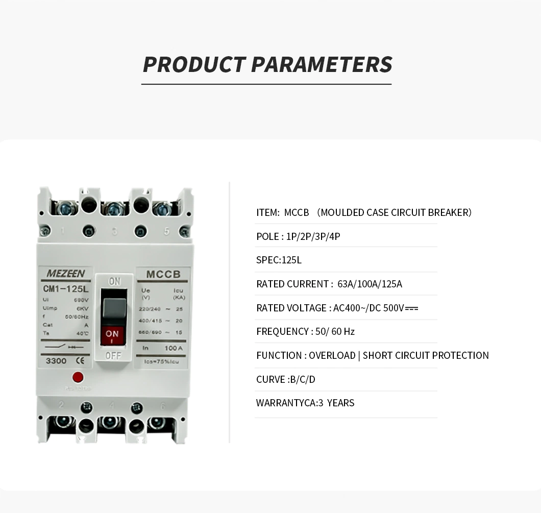 Mezeen Cm1-125L MCCB Molded Case Circuit Breaker 1p 2p 3p 4p 125A Electric Circuit Breaker