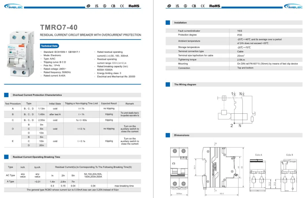 TypeAC 10kA 1P+N C40 TMRO7-40 Electromagnetic rcd&mcb RCBO