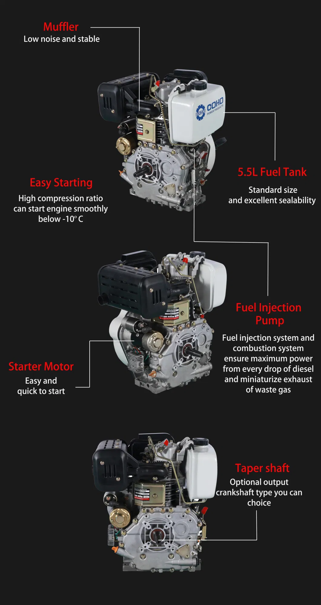 OEM Single Cyclinder 498cc 13HP Recoil Starting Diesel Engine