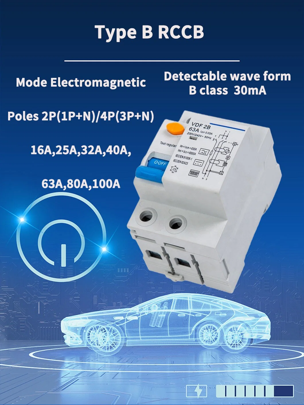 230/400V 50/60Hz 63A 2p Circuit Residual Current Breaker RCCB/RCBO