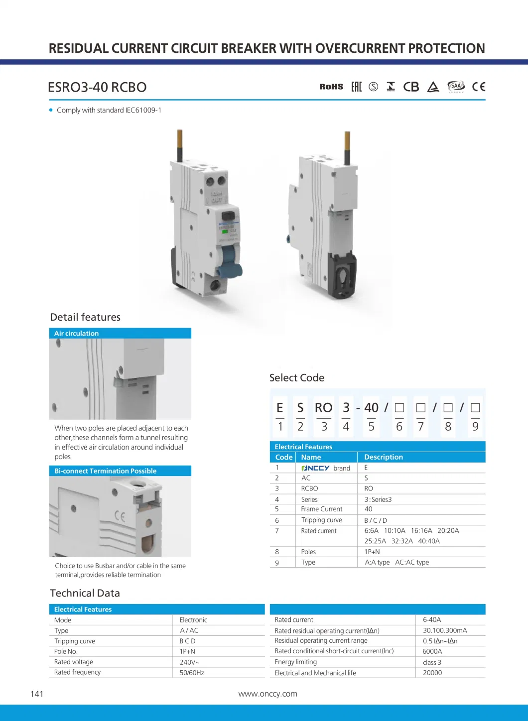 Onccy 230V/400V 63A 30mA AC Residual Current Circuit Breaker Electric Protection RCBO