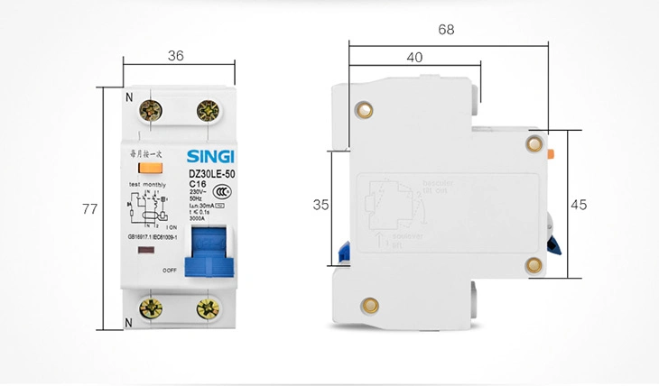 Dz30le-50 Residual Current Circuit Breaker with Over Current Protection (RCBOs) 230V 30mA 1p+N 32A 50A 3ka MCB RCBO