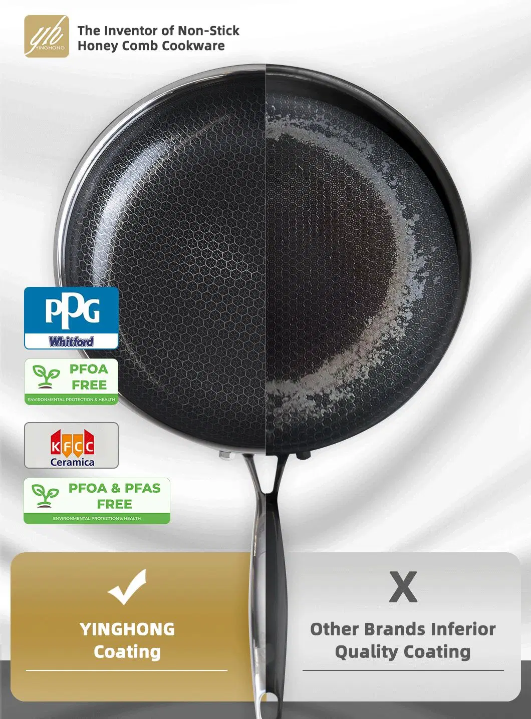 Factory Price Tri-Ply Stainless Steel 30cm Non-Stick Ceramic Honey Comb Wok Pfoa&Pfas Free