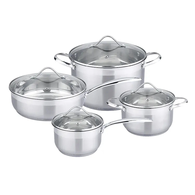 8PCS Cookware Set Cooking Pots with Glass Lid Stainless Steel Kitchen Casserole Frying Pans for Home Restaurant