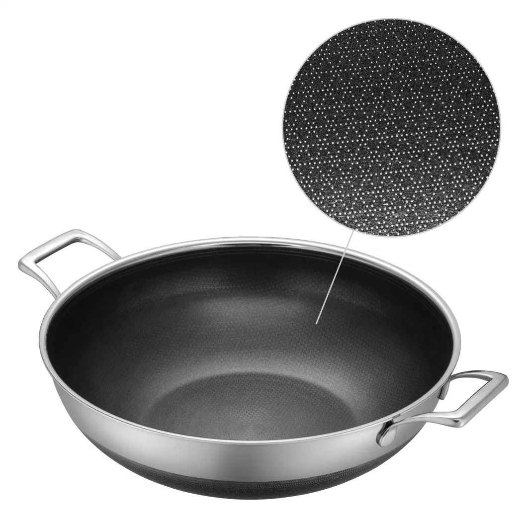 Hot Sales Cookware Stainless Steel Nonstick Double Layers Coating 34cm Honey Comb Wok