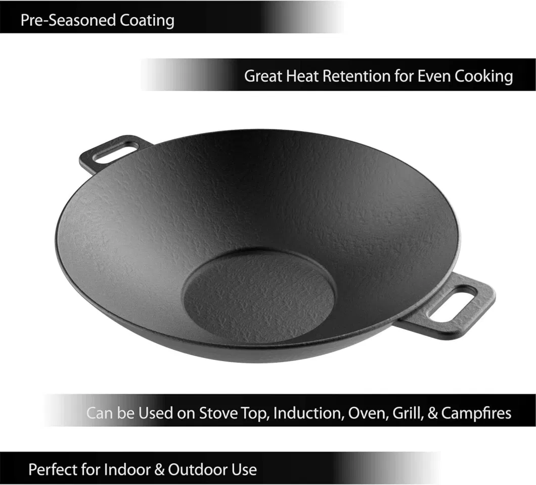 Factory Outlet Price Deep Frying Pan Pre-Seasoned Cast Iron Wok with 2 Handled and Wooden Lid