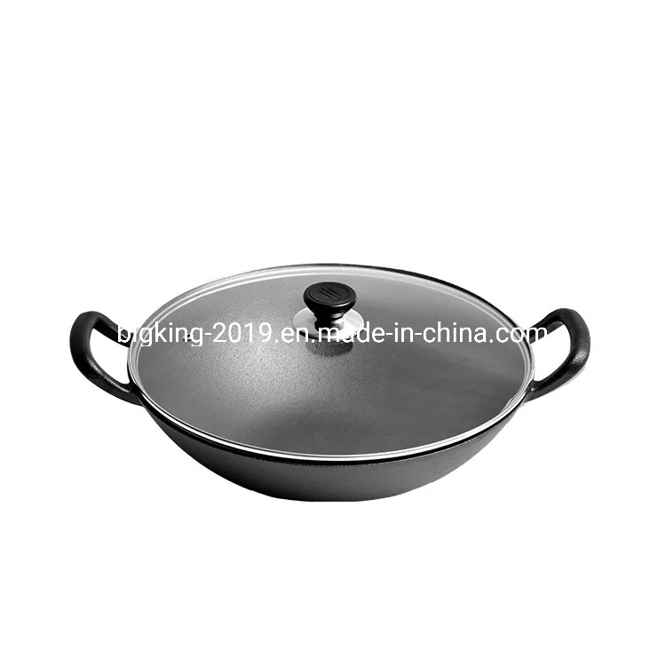 Pre-Seasoned Cast Iron Wok, Black, 13-Inch W/ Large Loop Handles &amp; Flat Base with Wooden Lid