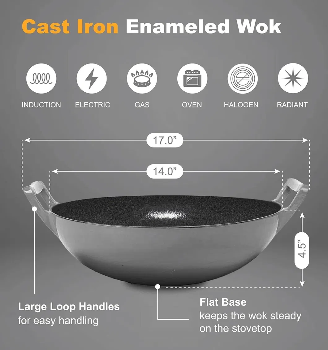 Low MOQ Wholesale Traditional Hand Make Cast Iron Non Stick Wok Pan with Glass Lid