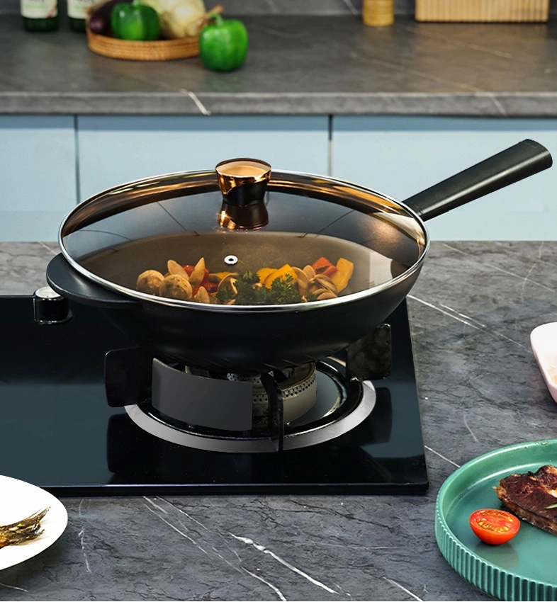 Chinese Style Non-Stick Frying Pan with Glass Lid and Bakelite Handle