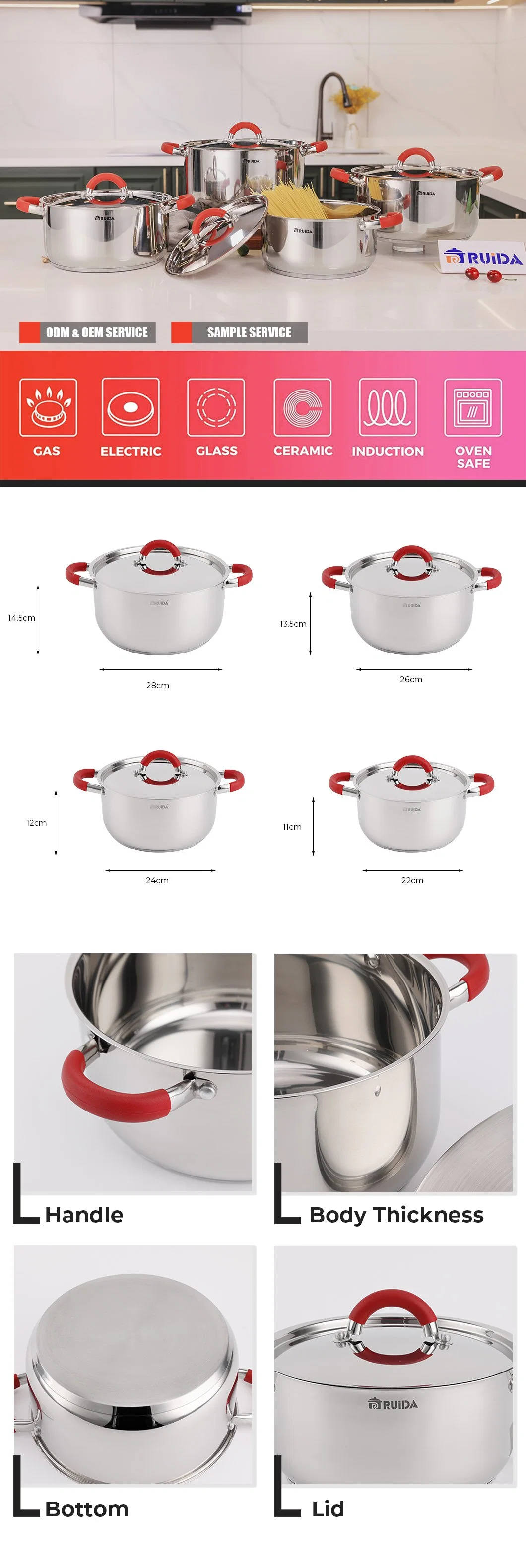 Colorful Stainless Steel Frypan Wok Saute Pan with Red Silicone Handle