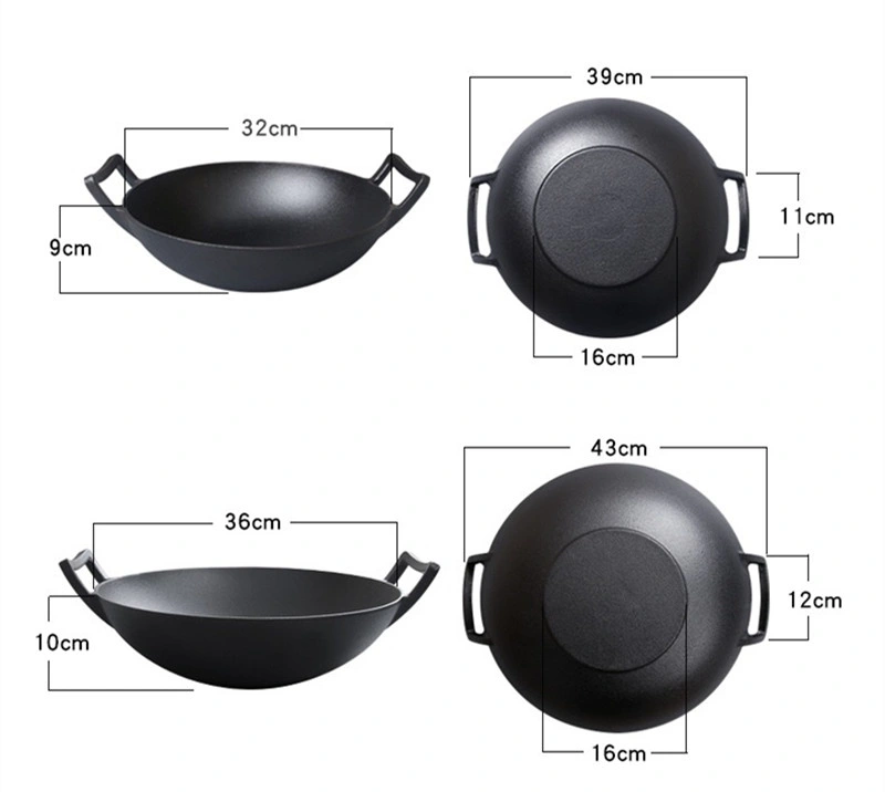 32cm Professional No Coating Chinese Cast Iron Binaural Wok Pan